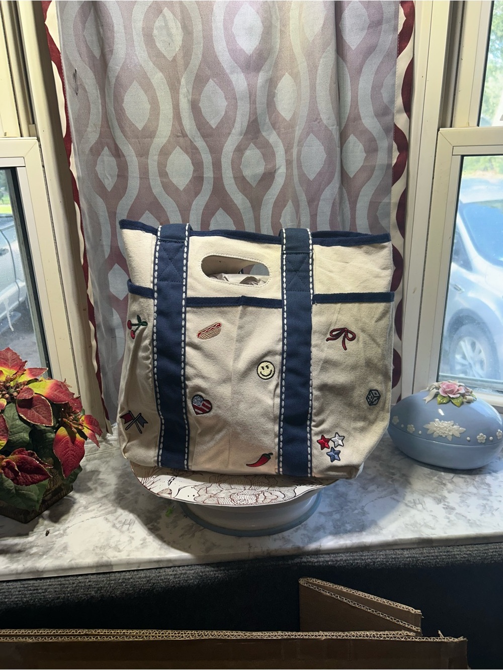 Canvas Tote with Navy Trim and Embroidered Patch Details